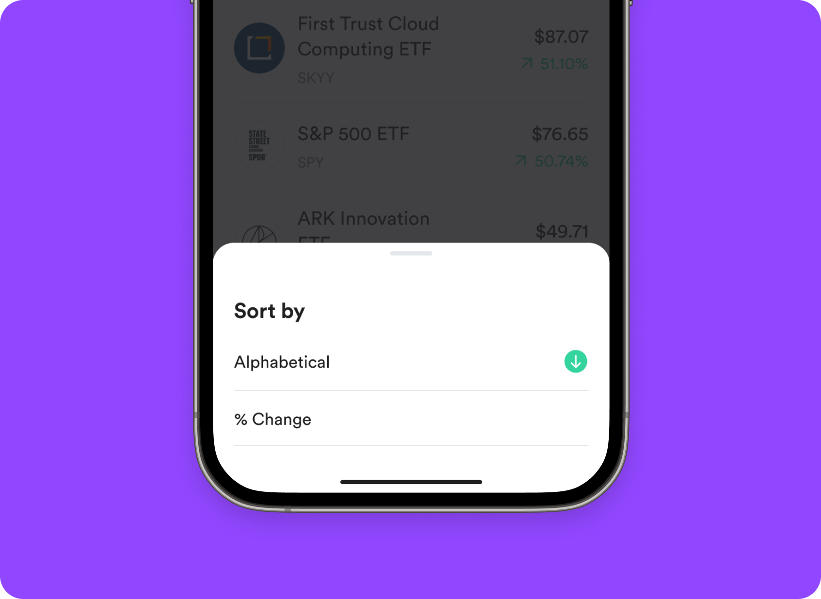 Stock sorting, alphabetically or by % gains. 📈↕️
